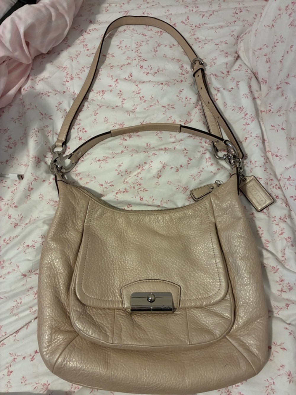 Coach Pebbled Leather Shoulder Bag in Light Beige